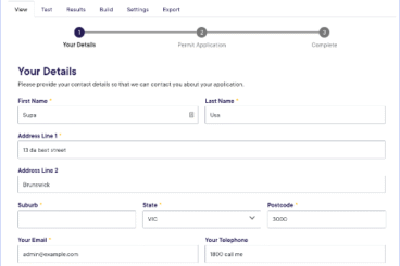 Building permit application form displaying fields for personal and address details.