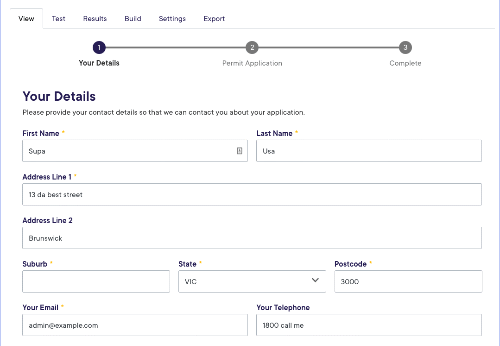Building permit application form displaying fields for personal and address details.