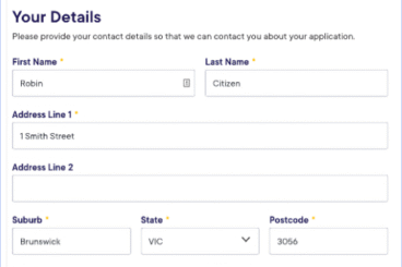 Digital form displaying fields for personal details and contact information for a citizen application.