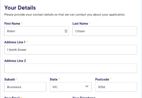 Digital form displaying fields for personal details and contact information for a citizen application.