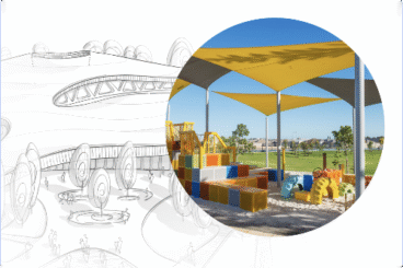 Illustration and photograph of a playground design featuring colorful structures and shaded areas.