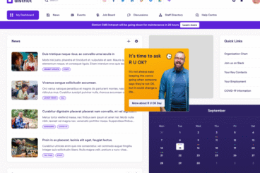 User interface of the District CMS intranet dashboard displaying news and events.