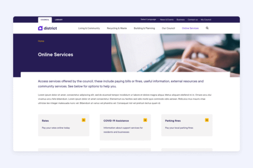User interacting with an online services interface for council-related tasks on a laptop.