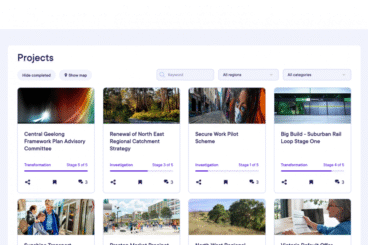 User interface of a project management dashboard displaying various project cards and stages.