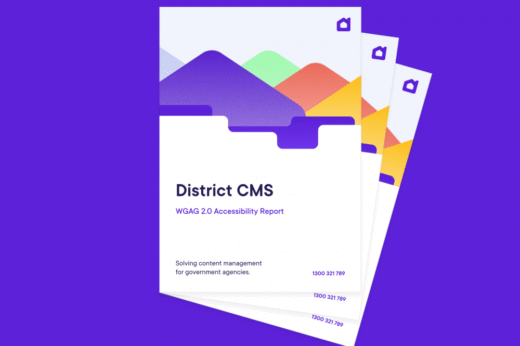 Three copies of the District CMS Accessibility Report with a colorful geometric design on a purple background.