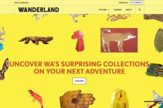 Colorful homepage design for Wanderland featuring various illustrated objects on a yellow background.