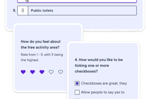 User interface displaying survey questions for community engagement and feedback.