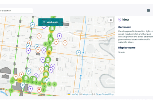 Map displaying various location pins and comments for urban planning ideas.