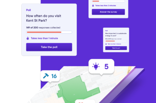 User interface design displaying a poll and survey about park visits and pet ownership.
