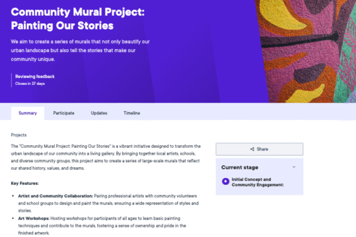 Overview of the Community Mural Project titled 'Painting Our Stories' with details on collaboration and events.