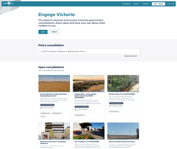 Screenshot of the Engage Victoria consultation page featuring various project listings.