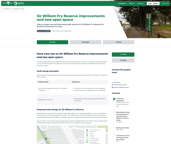 Website page detailing improvements and new open space for Sir William Fry Reserve.