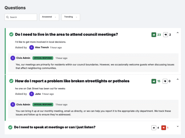 Screenshot of Civio's community questions interface showing user inquiries and official responses.