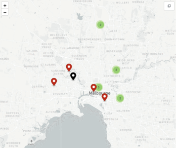 Map of Melbourne displaying various location markers in different colors.