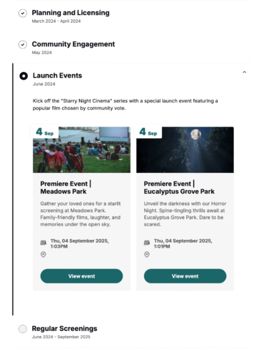 Event schedule listing for community engagement activities including launch events and screenings.