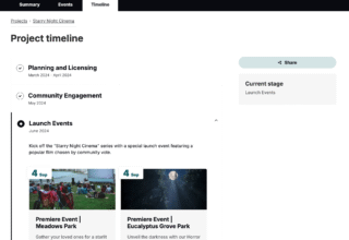 Project timeline for the Starry Night Cinema series with launch events and community engagement details.