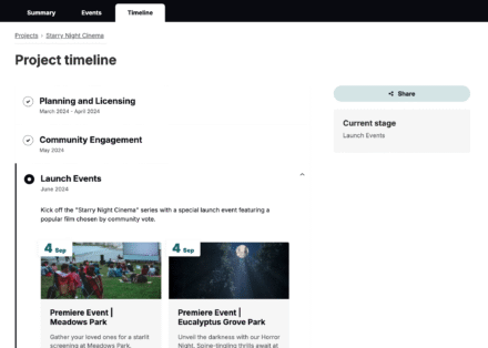 Project timeline for the Starry Night Cinema series with launch events and community engagement details.