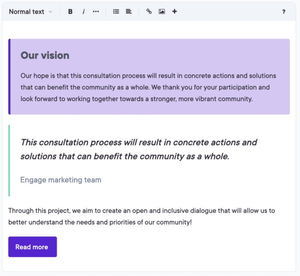 Text content discussing consultation process for community benefit on Civio's website.