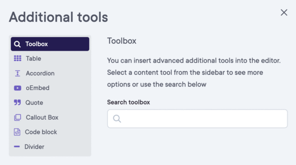 User interface toolbox displayed in a software application with various tools and options.