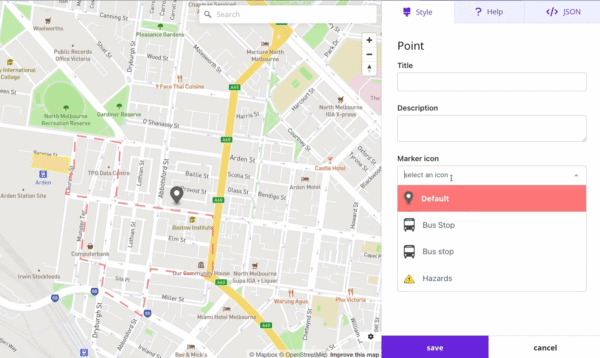Map displaying streets and a point marker with navigation features for location identification.