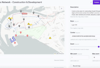 Map displaying Route 55 bus network construction and development plans with various markers and annotations.