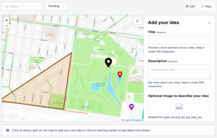 User interface displaying a map with an option to add ideas at Civio's platform.