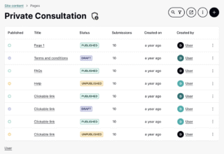 Screenshot of a site content management interface displaying various pages and their statuses.