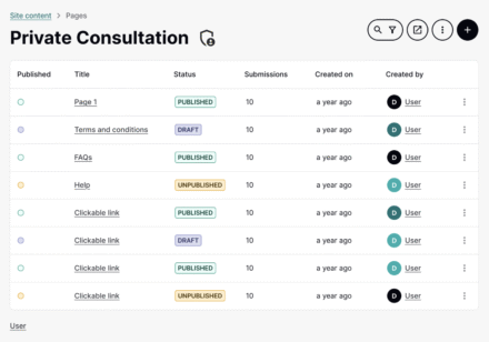 Screenshot of a site content management interface displaying various pages and their statuses.