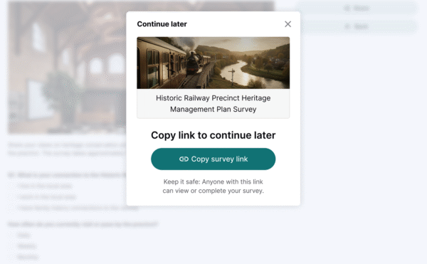 Save and continue later popup