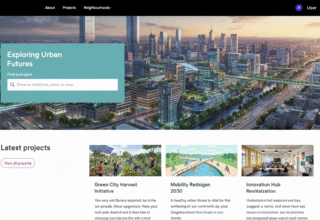 Custom home page design featuring a search bar and project listings for Civio.