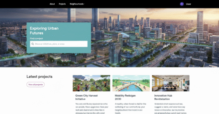 Custom home page design featuring a search bar and project listings for Civio.
