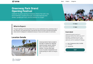 Event announcement for the Greenway Park Grand Opening Festival with details about activities and location.