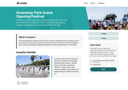 Event announcement for the Greenway Park Grand Opening Festival with details about activities and location.