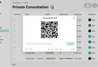 User interface displaying a QR code generation tool with options for size and format.