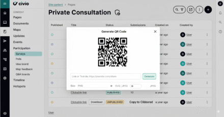 User interface displaying a QR code generation tool with options for size and format.