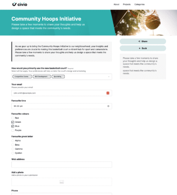 Feedback form for the Community Hoops Initiative on a website.