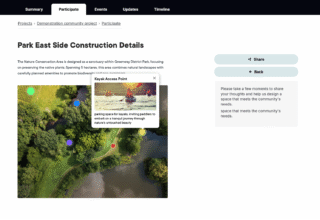Information panel detailing Park East Side construction project with kayak access point.