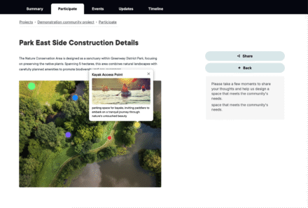 Information panel detailing Park East Side construction project with kayak access point.