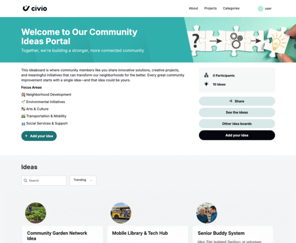 User interface of the Community Ideas Portal showing various project categories and options.
