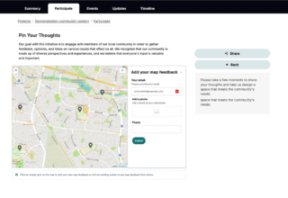 User interface for submitting feedback on a map with input fields and a map display.