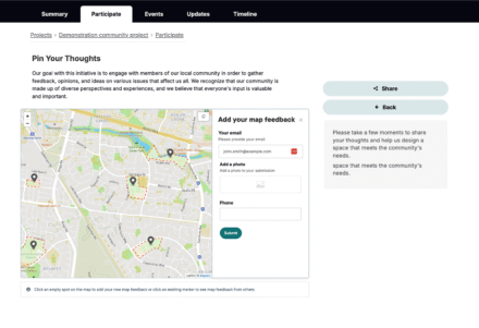User interface for submitting feedback on a map with input fields and a map display.