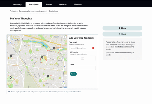 User interface for submitting feedback on a map with input fields and a map display.