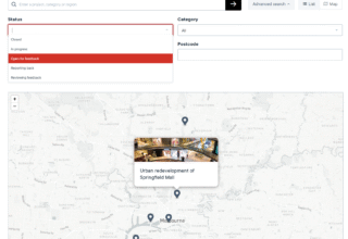 User interface displaying a project map search with various project statuses and a highlighted project in Melbourne.