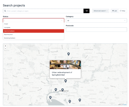 User interface displaying a project map search with various project statuses and a highlighted project in Melbourne.