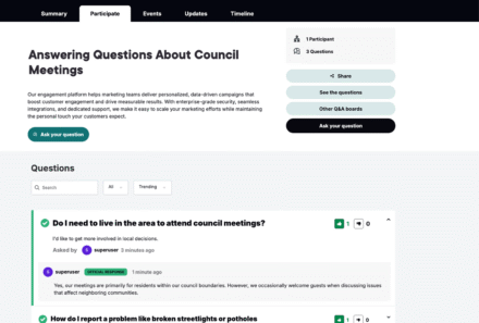 User interface of a QA board for council meetings participation with questions and responses.