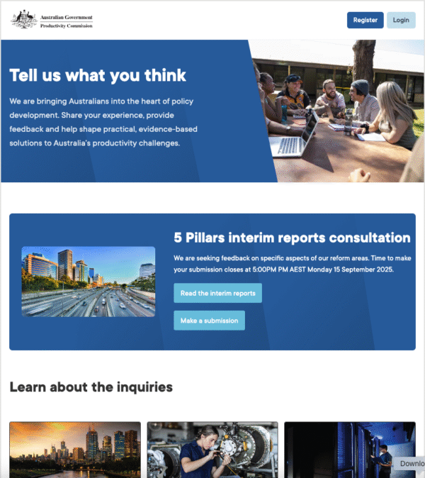 Screenshot of the Australia Government Productivity Commission consultation page with a feedback form.