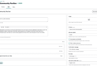 User interface for a community pavilion submission form with various input fields.