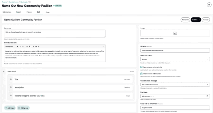 User interface for a community pavilion submission form with various input fields.