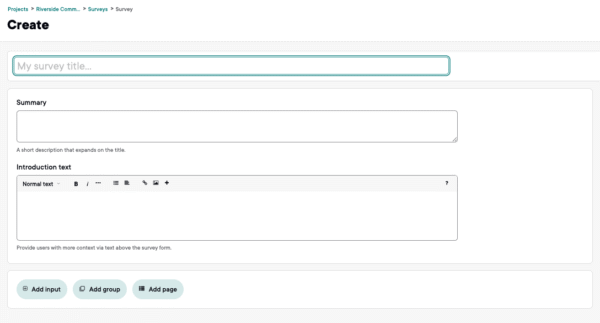 User interface for creating a survey with fields for title, summary, and introduction text.