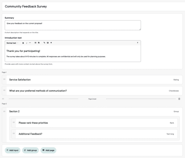 Community feedback survey form with sections for summary, introduction text, and service satisfaction rating.